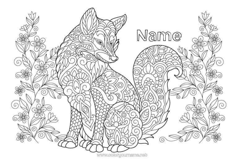 Colouring page to print Wolf Flowers Mandala Dog Fox Animal Dogs And Cats Forest Animals