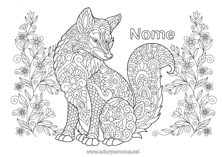 Página de desenho para imprimir Lobo Flores Mandala Cachorro Raposa Animal Cães e gatos Animais da floresta