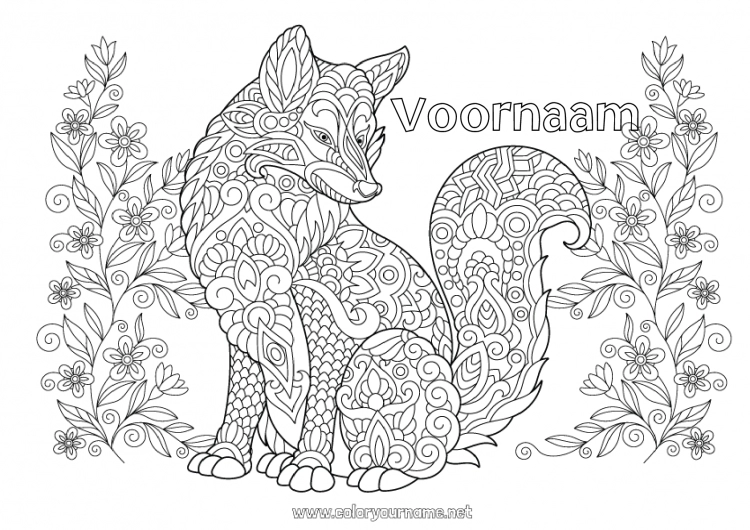 Kleurplaat om af te drukken Wolf Bloemen Mandala Hond Vos Dier Honden en katten Bosdieren