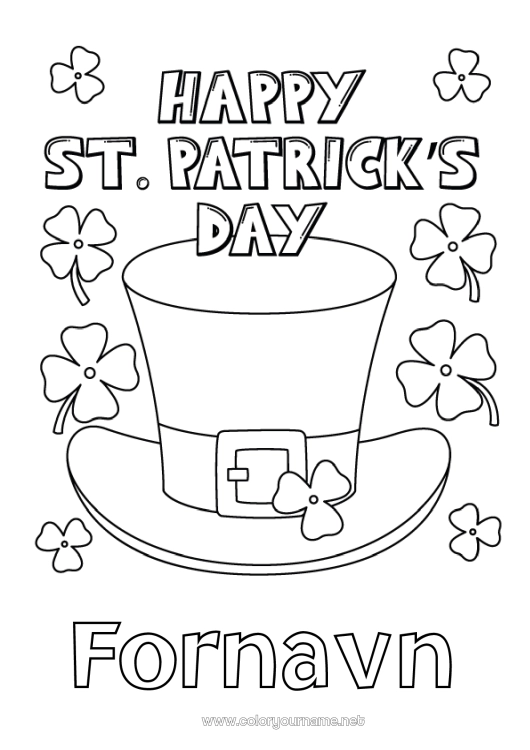 Farvelægningssiden til udskrivning Kløver Irland Sankt Patricks Dag Leprechaun Hat