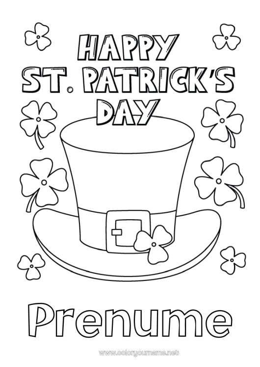 Pagină de colorat de imprimat Trifoi Irlanda Sărbătoarea Sfântului Patrick Leprechaun Pălărie