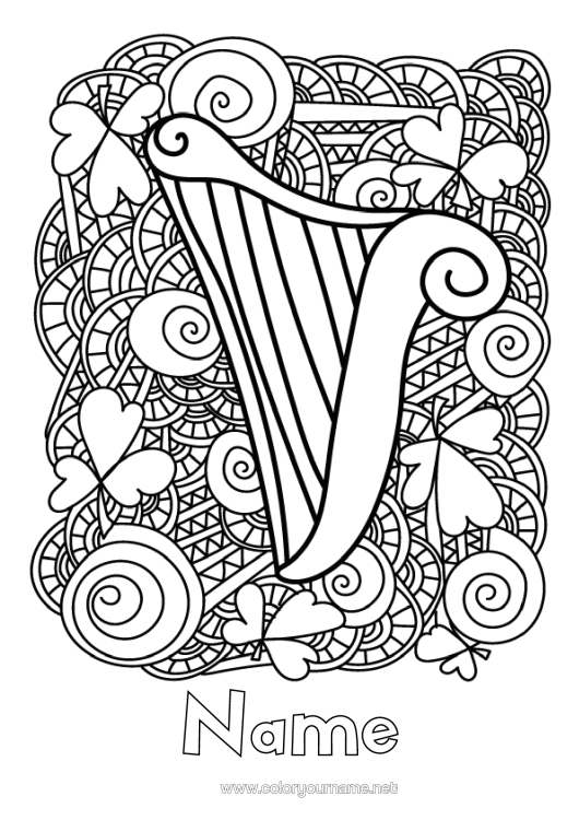 Colouring page to print Mandala Clover Ireland St Patrick's Day Harp Celtic