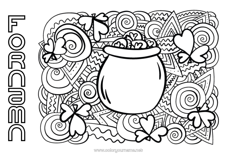 Färgläggningssida att skriva ut Magisk kittel Mandala Klee Irland Sankt Patriks fest Leprechaun Keltisk