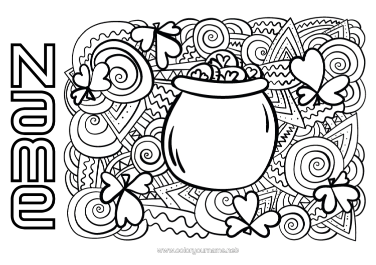 Colouring page to print Magic Cauldron Mandala Clover Ireland St Patrick's Day Leprechaun Celtic