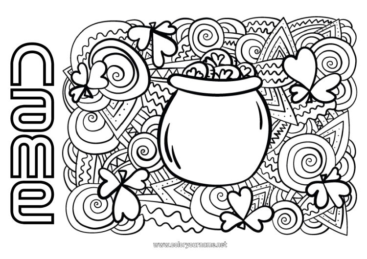 Coloring page to print Magic pot Mandala Clover Ireland Saint Patrick's Day Leprechaun Celtic