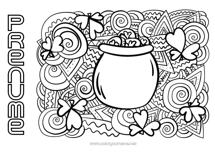 Pagină de colorat de imprimat Cazan magic Mandala Trifoi Irlanda Sărbătoarea Sfântului Patrick Leprechaun Celtic