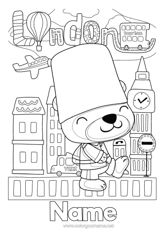 Colouring page to print Animal Teddy Bear London United Kingdom Forest Animals