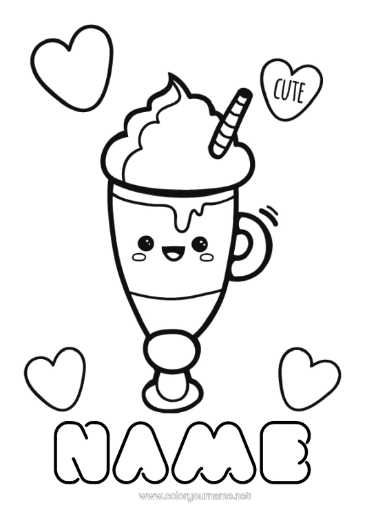 Colouring page to print Cute Cute Café Drink Treats, Sweets Ice Cream