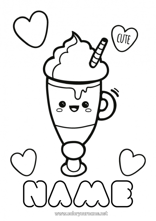 Coloring page to print Cute Kawaii Coffee Drinks Treats Ice cream