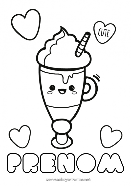 Coloriage à imprimer Mignon Kawaii Café Boisson Gourmandises, sucreries Glace