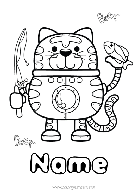 Colouring page to print Robot Cat Fishing Animal Dogs And Cats