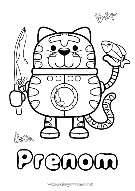 Coloriage à imprimer Robot Chat Pêche Animal Chiens et chats