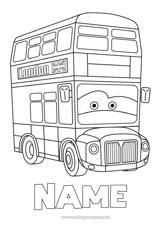 Colouring page to print Vehicles London United Kingdom Bus, Car Country Land Public Transport Cartoon Character Vehicles London Bus