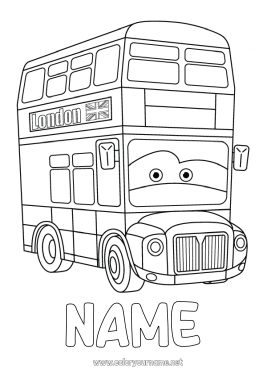 Coloring page to print London United Kingdom Bus, coach Country Ground public transport Cartoon Character vehicles