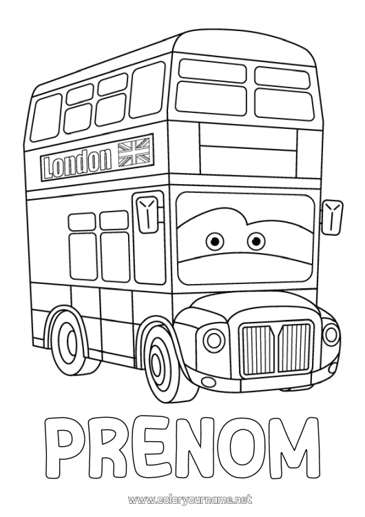 Coloriage à imprimer Londres Royaume-Uni Bus, car Pays Transport en commun terrestres Cartoon Véhicules personnages