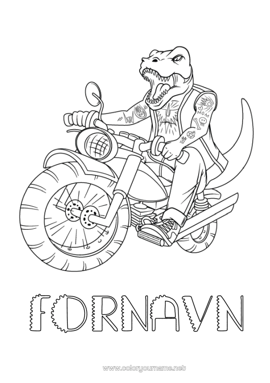 Farvelægningssiden til udskrivning Dinosaurer Køretøjer Dyr Motorcykel Tohjulede køretøjer