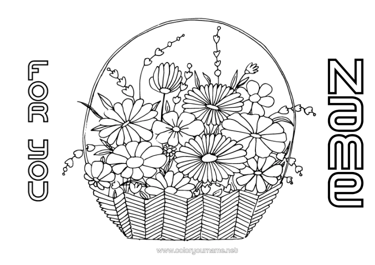 Colouring page to print Flowers Birthday Mum Grandma Happy Birthday Basket