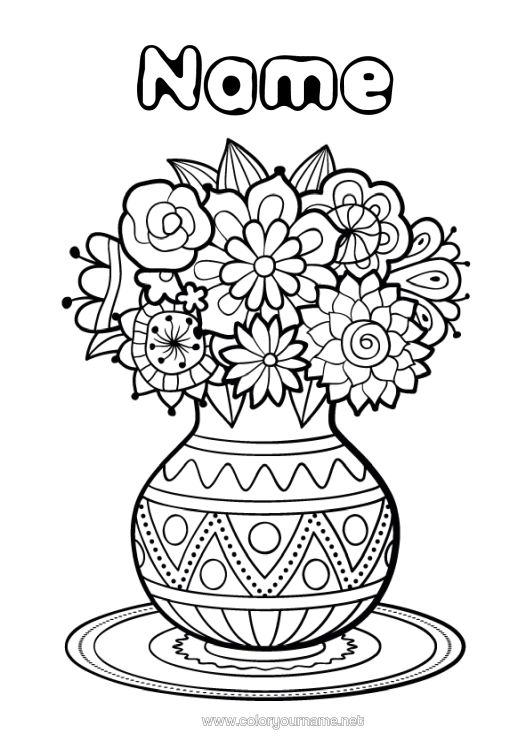 Colouring page to print Flowers Happy Birthday Spring Vase
