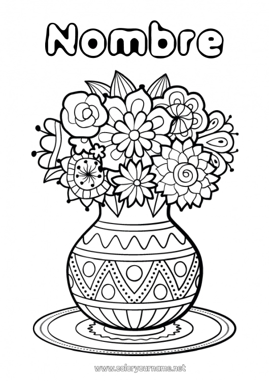 Dibujo para colorear para imprimir Flores Feliz día de fiesta Primavera Jarrón