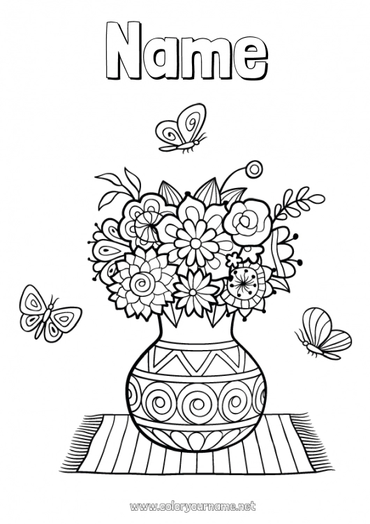 Coloring page to print Flowers Happy feast day ! Butterfly Vase Insects