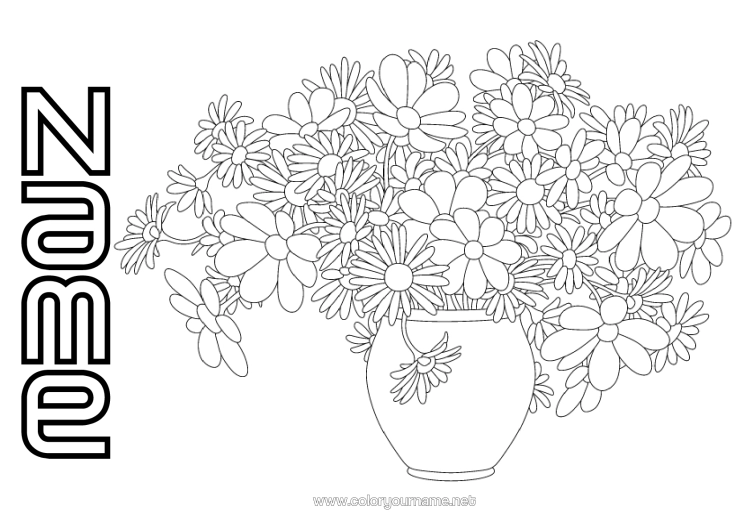 Colouring page to print Flowers Happy Birthday Vase Daisy