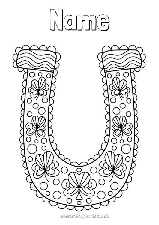 Colouring page to print Fortune Clover Ireland Horseshoe St Patrick's Day