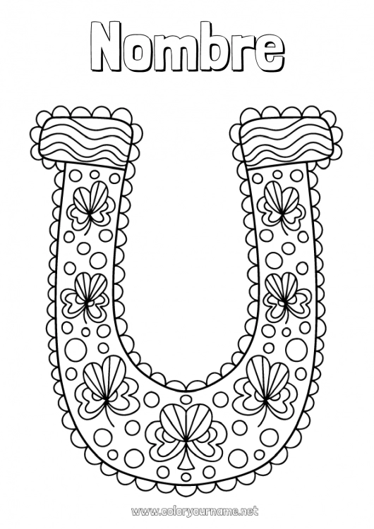 Dibujo para colorear para imprimir Suerte Trébol Irlanda Herradura Día de San Patricio