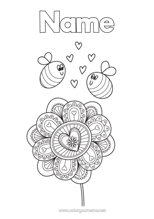 Colouring page to print Flowers Heart Mandala Spring Animal Bee Insects