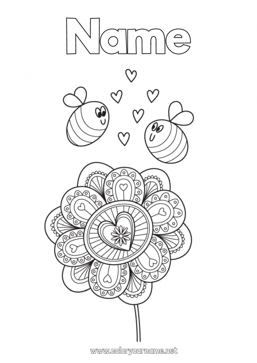 Coloring page to print Flowers Heart Mandala Spring Animal Bee Insects