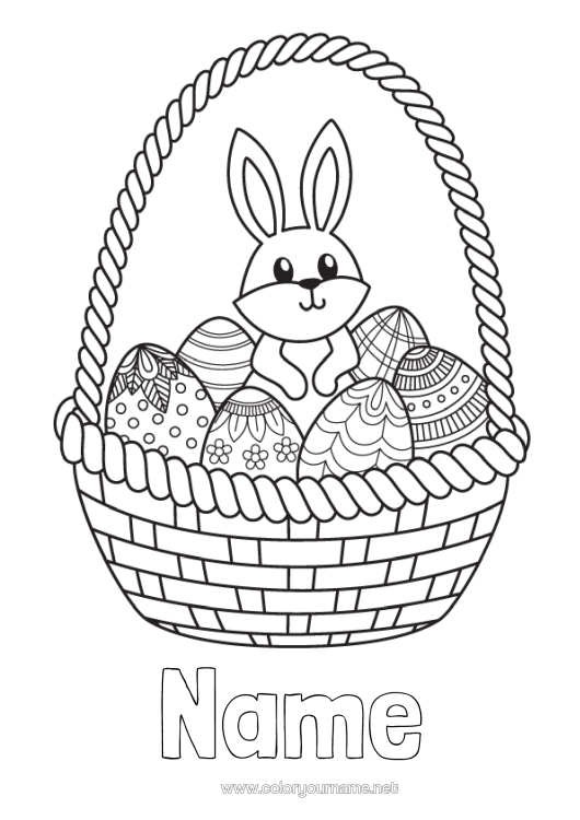 Colouring page to print Cute Rabbit Animal Easter Eggs Basket Forest Animals