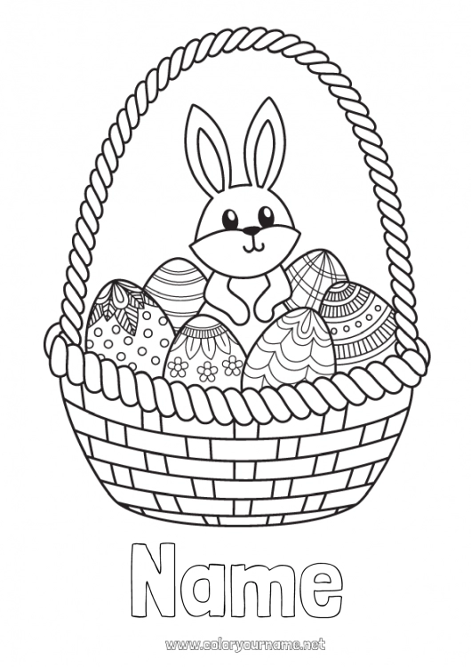 Coloring page to print Cute Bunny Animal Easter eggs Basket Forest animals