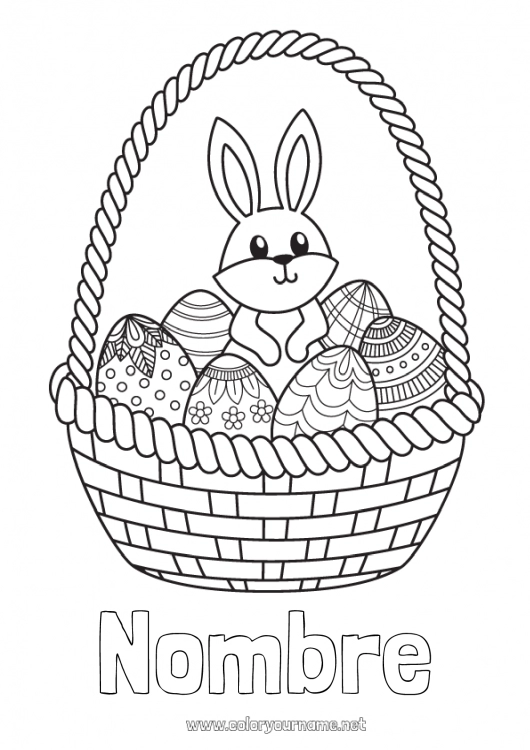 Dibujo para colorear para imprimir Lindo Conejo Animales Huevos de Pascua Cesta Animales del bosque