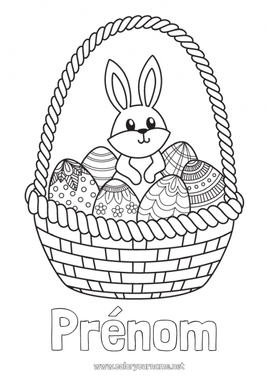 Coloriage à imprimer Mignon Lapin Animal Oeufs de Pâques Panier Animaux de la forêt