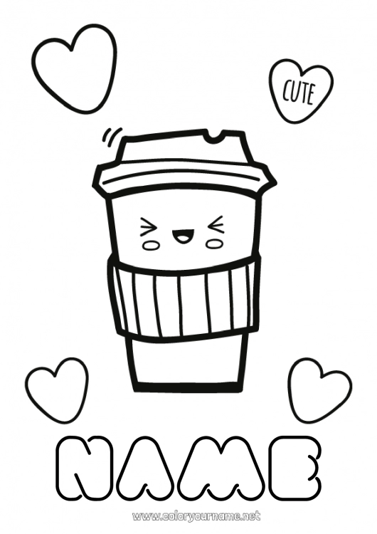 Coloring page to print Cute Kawaii Coffee Tea Drinks Soda