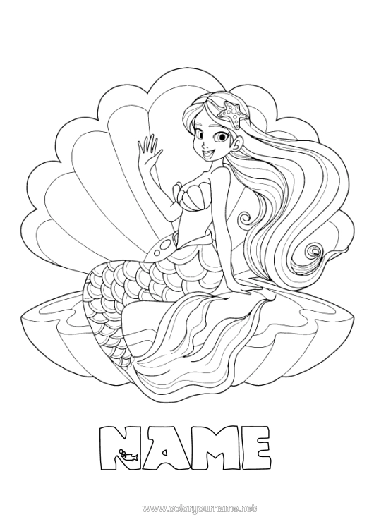 Colouring page to print Princess Sea Siren Fairy Tale Shellfish Marine Or Aquatic Animals