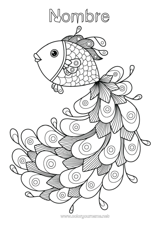 Dibujo para colorear para imprimir Mandala Animales Pescado Pavo real Dibujos complejos para colorear Animales marinos o acuáticos Aves y mamíferos voladores Pluma