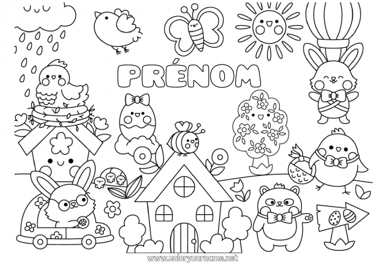 Coloriage à imprimer Kawaii Oiseau Poule Printemps Soleil Poussin Lapin Papillon Animal Pâques Symboles Maison Insectes Oiseaux et mammifères volants Animaux de la ferme Animaux de la forêt