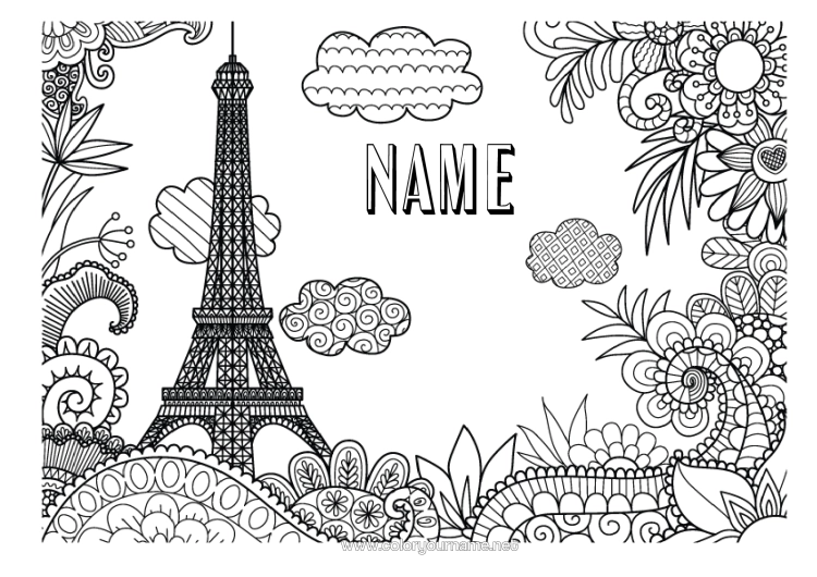 Colouring page to print Flowers Mandala Geography France Complex Colouring Pages Country Cityscape Paris Monument City Of The World