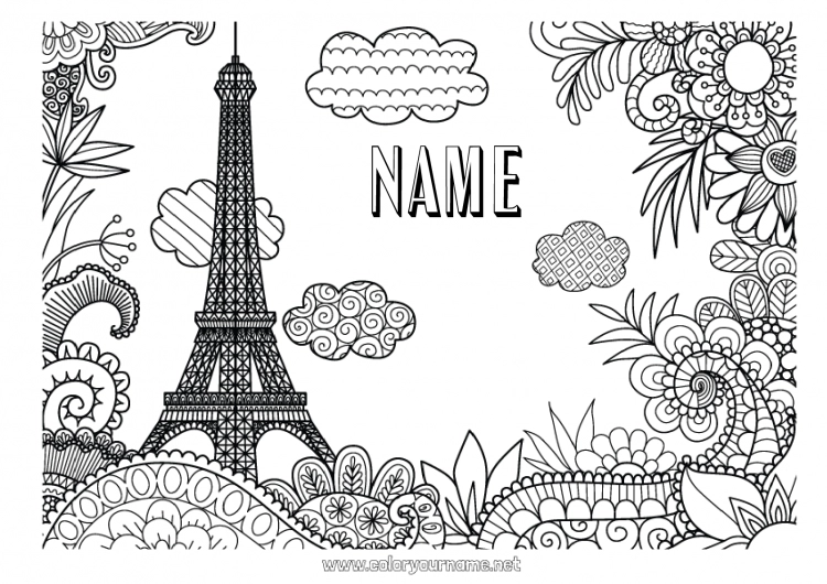 Coloring page to print Flowers Mandala Geography France Complex coloring pages Country City ??landscape Paris Monument