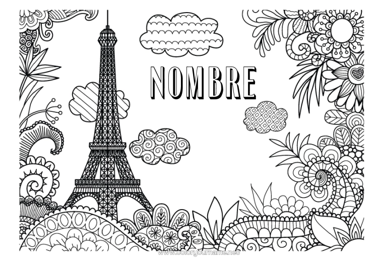 Dibujo para colorear para imprimir Flores Mandala Geografía Francia Dibujos complejos para colorear País Paisaje urbano Paris Monument