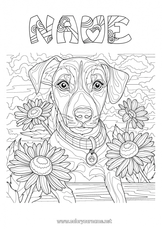 Coloring page to print Flowers Dog Animal Complex coloring pages Dog and cat