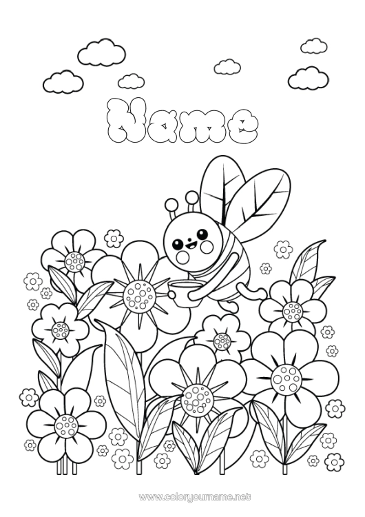 Colouring page to print Flowers Spring Animal Bee Intermediate Colouring Sheets Insects