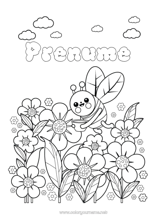Pagină de colorat de imprimat Flori Primăvară Animal Albină Colorează intermediare Insecte