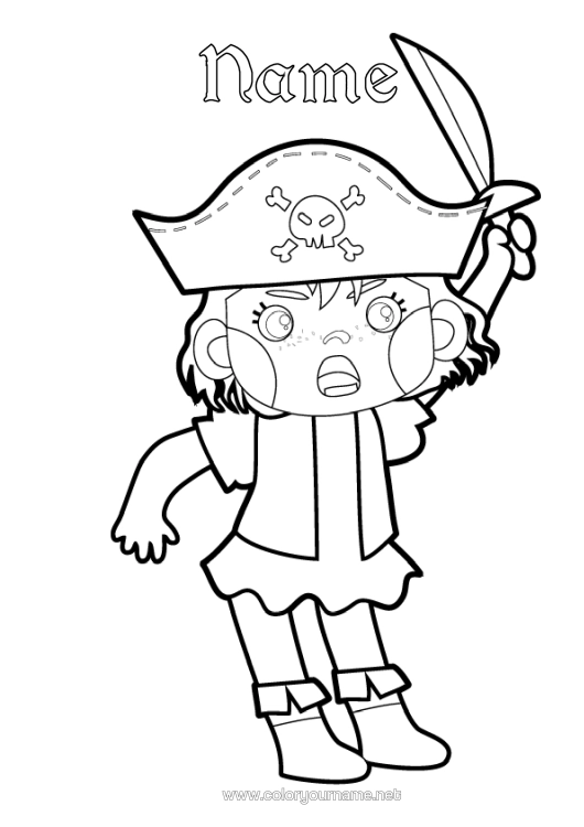 Colouring page to print Girl Pirate Sea In A Bad Mood. Emotions Anger