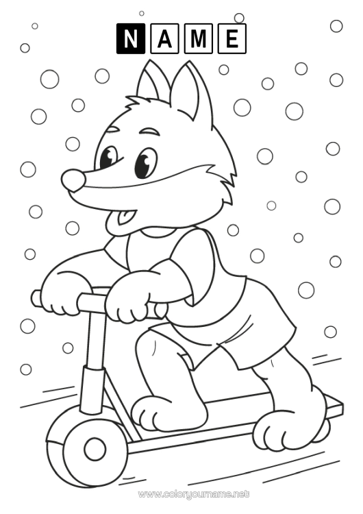 Colouring page to print Wolf Vehicles Animal Scooter Forest Animals Two-Wheeled Vehicles