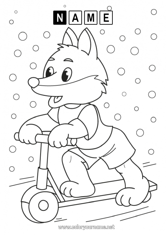 Coloring page to print Wolf Vehicles Push scooter Forest animals Two-wheeled vehicles