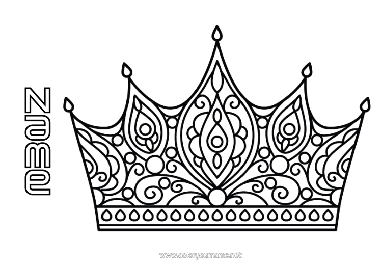 Colouring page to print Princess Crown Mardi Gras Jewel Fairy Tale Intermediate Colouring Sheets