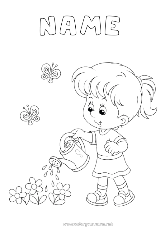 Colouring page to print Flowers Girl Spring Butterfly Insects