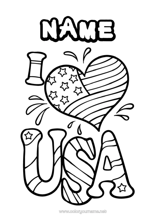 Colouring page to print United States Of America "Love" Message Country 4Th Of July