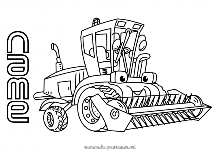 Coloring page to print Combine harvester Farm vehicles Farm Farm Professions Cartoon Character vehicles